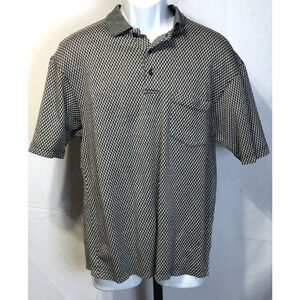 J Ashford Golf Polo Shirt M Blk Gray Geo 3 Button collar Pocket Preppy Club